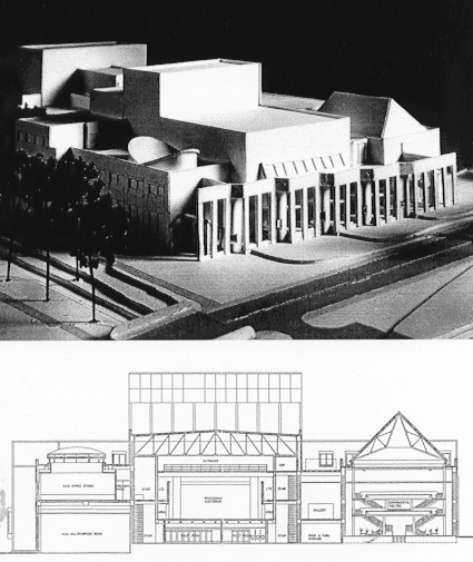 Architectural model and drawing of Indiana University
     Department of Theatre and Drama